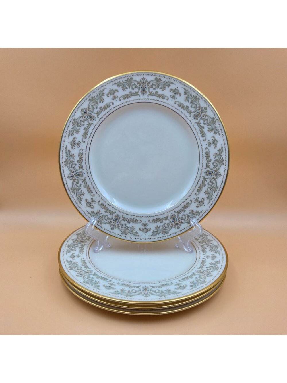 Lenox Noblesse Salad Plate Green/Gold Leaves, Blue Dots, Gold Trim Set of 4